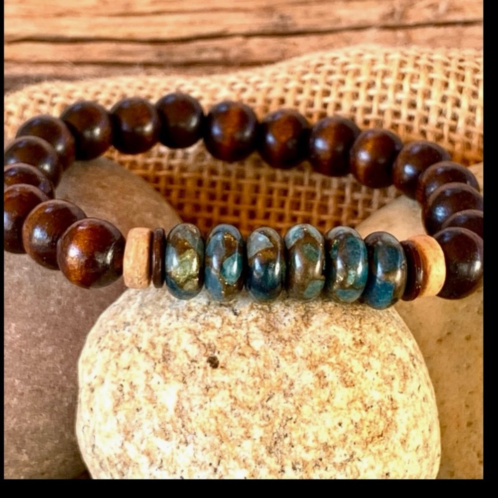Aqua Blue Sea Sediment Jasper & Hardwood Bracelet